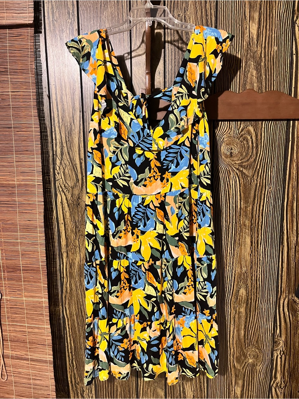 Tribal Black Floral Midi Dress with Yellow & Blue Accents